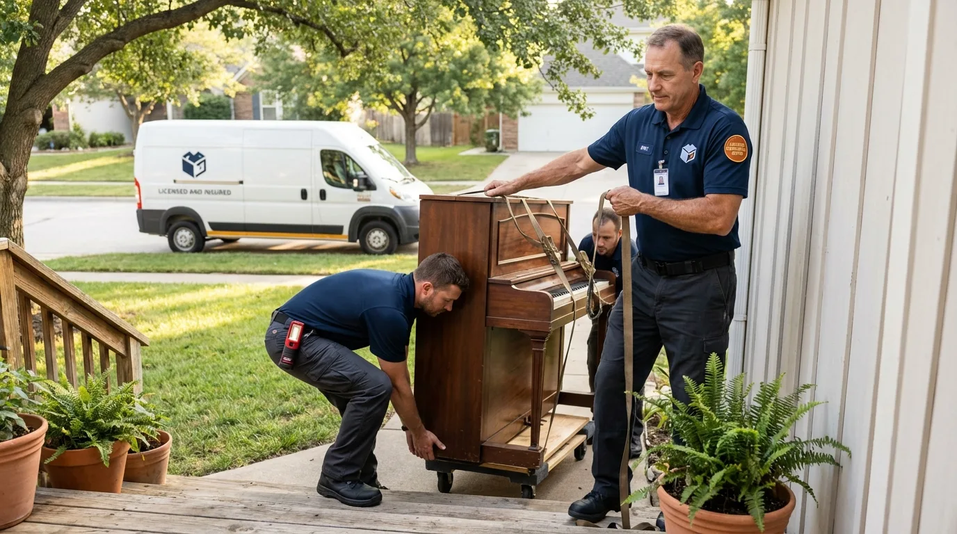 Licensed piano movers securing grand piano in Houston, MO
