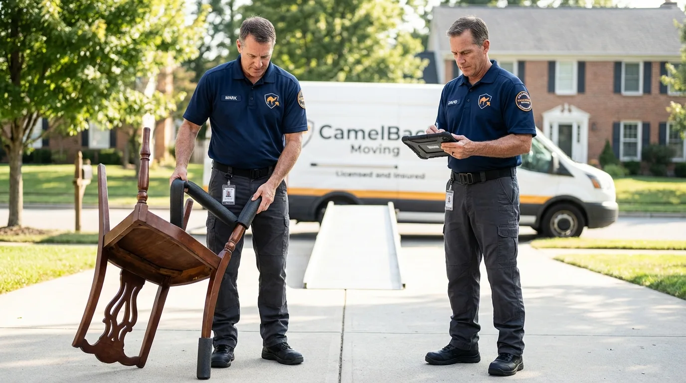 Movers inspecting furniture for damage prevention before loading in Houston, MO