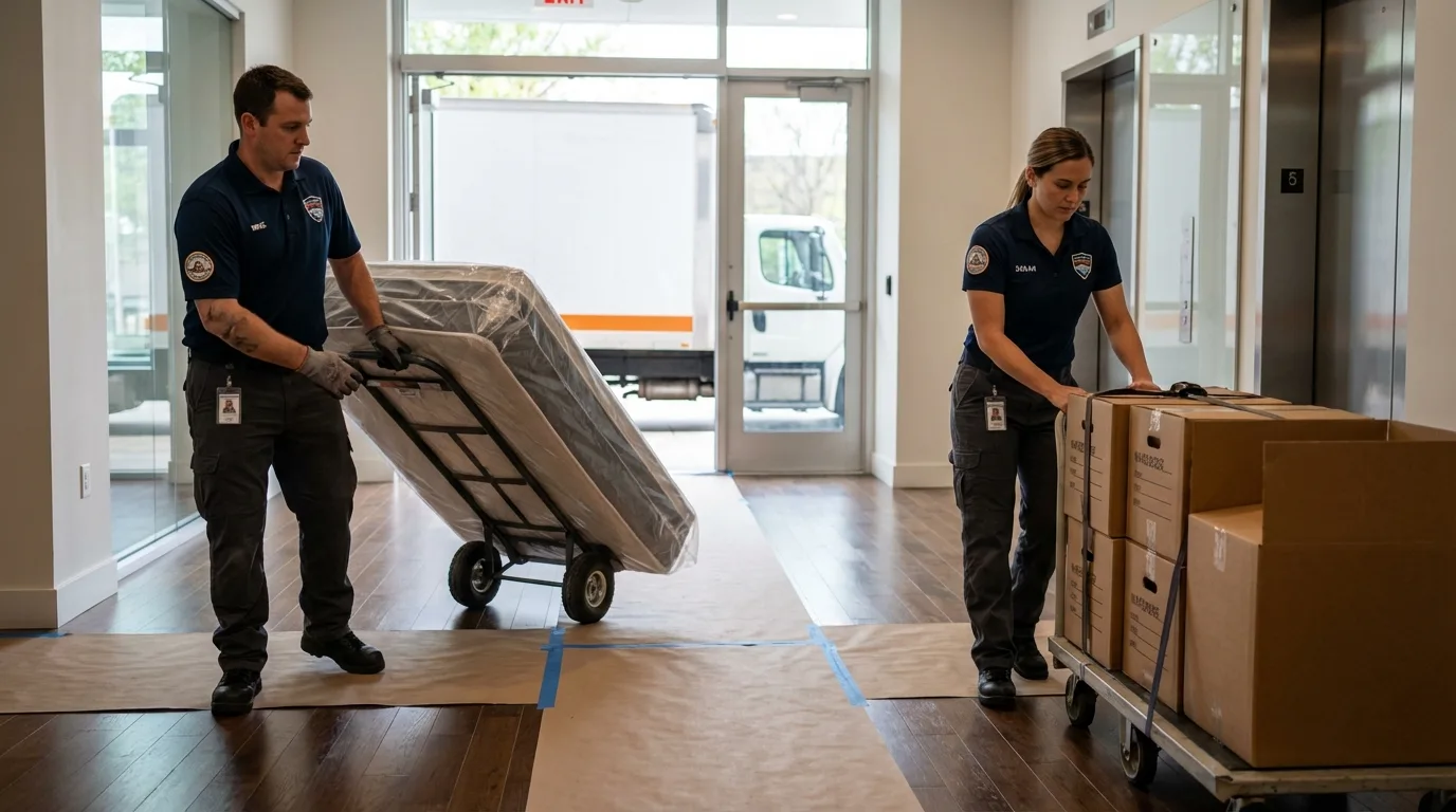 Professional apartment movers loading elevator in Houston, MO